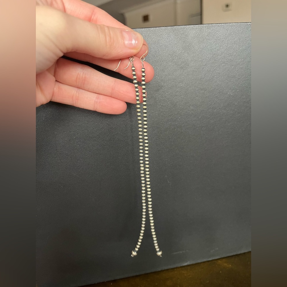 Sterling Silver Navajo Pearl Long Beaded Dangle Earrings